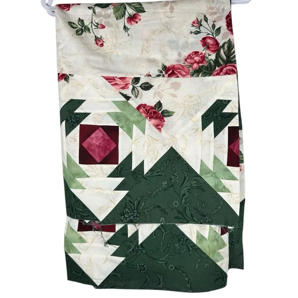 Handmade Green Red Pink Rose shabby chic unfinished Quilt topper